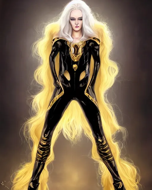 Image similar to Lucius as an androgynous albino prince in a black gilded obsidian bodysuit, long fluffy golden blonde curly hair, digital painting, muscular young man, sci-fi setting, symmetrical features, Daniel Gerhartz, high detail intricate, artstation, WLOP, Artgerm, J. Scott Campbell; Olivia De Berardinis, Daniel Gerhartz, jack kirby, mysterious vibes