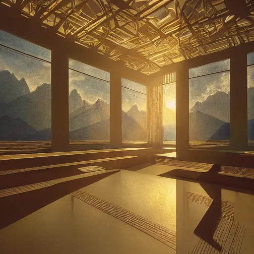 Prompt: indoor liminal space, golden light, peter tarka, minimalistic, hyperrealistic surrealism, award winning masterpiece with incredible details, epic stunning, infinity pool mirrors, a surreal vaporwave liminal space with mirrors, highly detailed, trending on artstation, artgerm and greg rutkowski and alphonse mucha, daily deviation