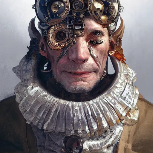 Image similar to portrait, headshot, digital painting, of a old 17th century, old cyborg merchant, amber jewels, baroque, ornate clothing, scifi, realistic, hyperdetailed, chiaroscuro, concept art, art by Franz Hals and Jon Foster