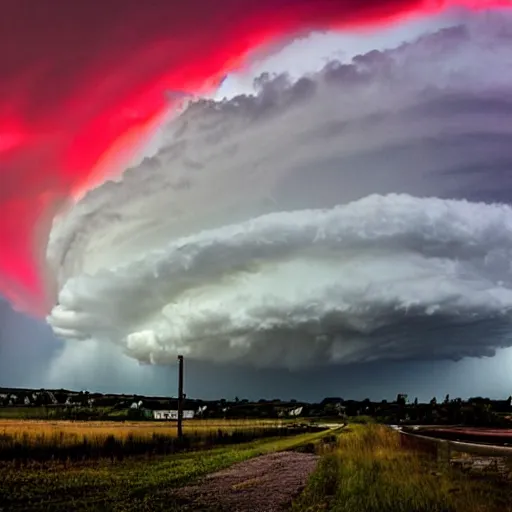 Image similar to a beautiful thunderstorm rolling over a small town, with the clouds illuminated slightly red, ominous, eerie, wayne barlow