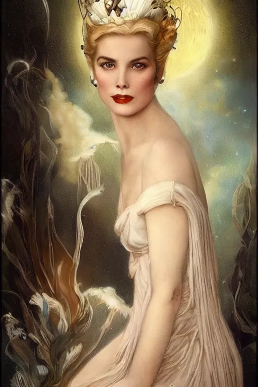 Image similar to a young and extremely beautiful grace kelly infected by night by tom bagshaw in the style of a modern gaston bussiere, art nouveau, art deco, surrealism. extremely lush detail. melancholic scene infected by night. perfect composition and lighting. profoundly surreal. high - contrast lush surrealistic photorealism. sultry and mischievous expression on her face.