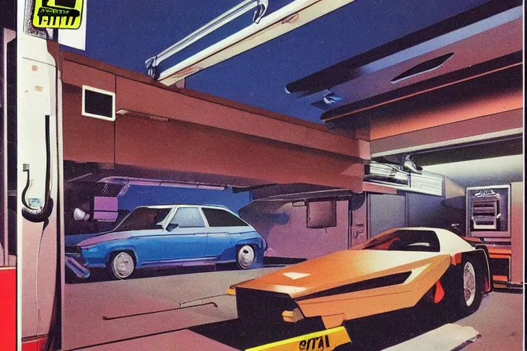 Image similar to 1979 OMNI Magazine Cover depicting a garage car-lift and a surgery room. Cyberpunk Akira style by Vincent Di Fate