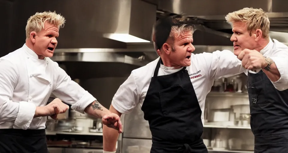 Image similar to photo of angry furious Gordon Ramsay punching Gordon Ramsay at the kitchen