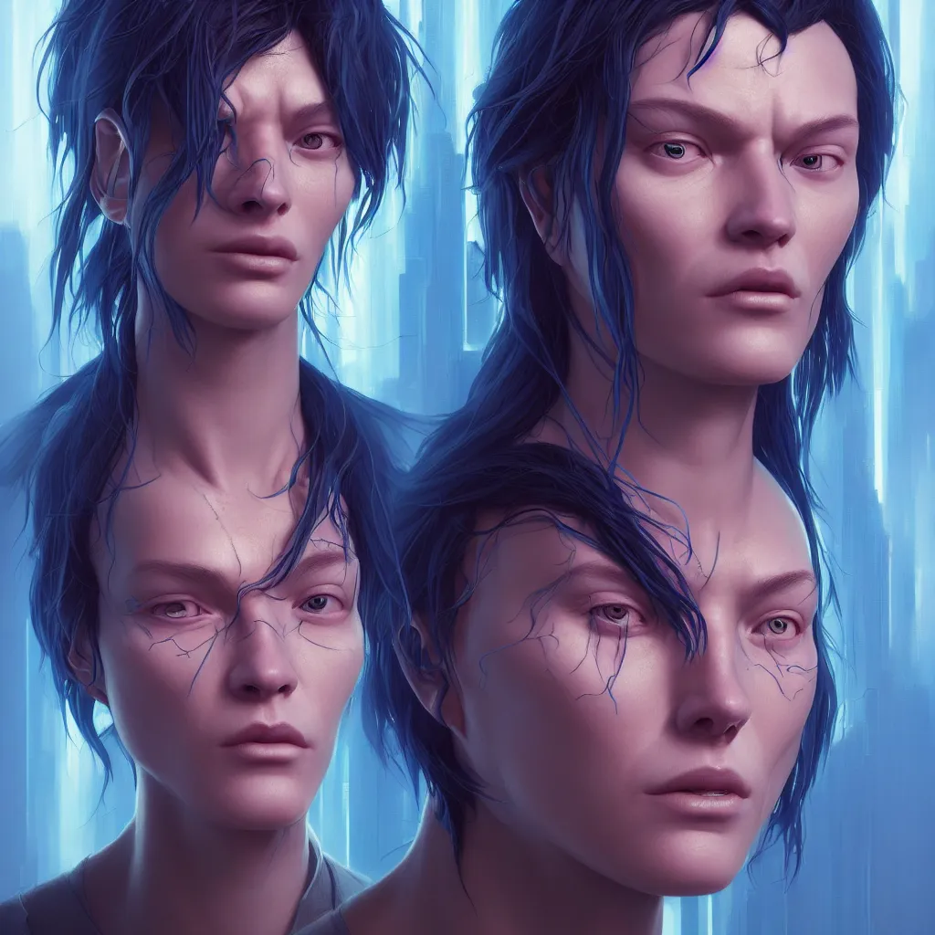 Image similar to 2 0 7 7 prototype face avatar portrait with ribbed face by rutkowsky and charles vess and james jean and erik jones and rhads, inspired by ghost in the shell, 3 d octane render, beautiful fine face features, intricate high details, sharp, ultradetailed, artistic photography