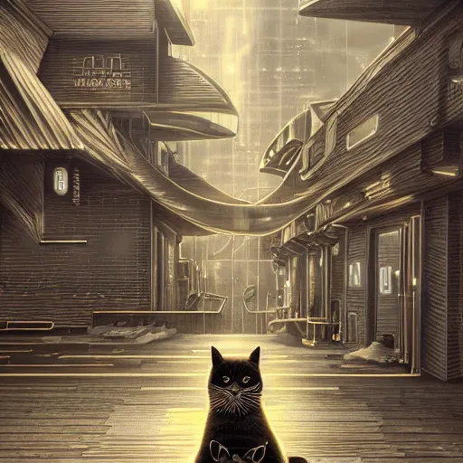 Image similar to gold and silver tones, cybernetic cat in a deserted town, style of moebius, james jean, rutkowski, cinematic, high detail, award winning, 8 k photorealistic