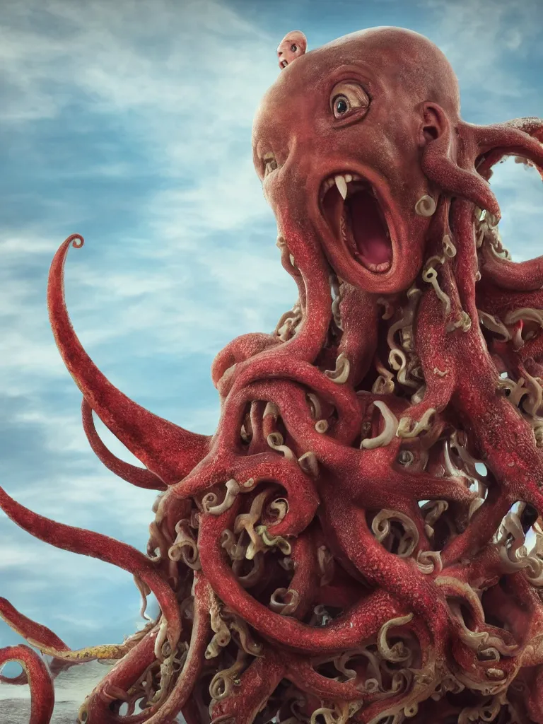 Image similar to a widescreen colorchrome closeup detailed portrait photo of a medieval old happy screaming priest, holding a detailed detailed detailed giant giant octopus, style steve mccurry octane render 8 k