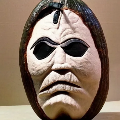 Prompt: gourd carved to look like the face of johnny depp