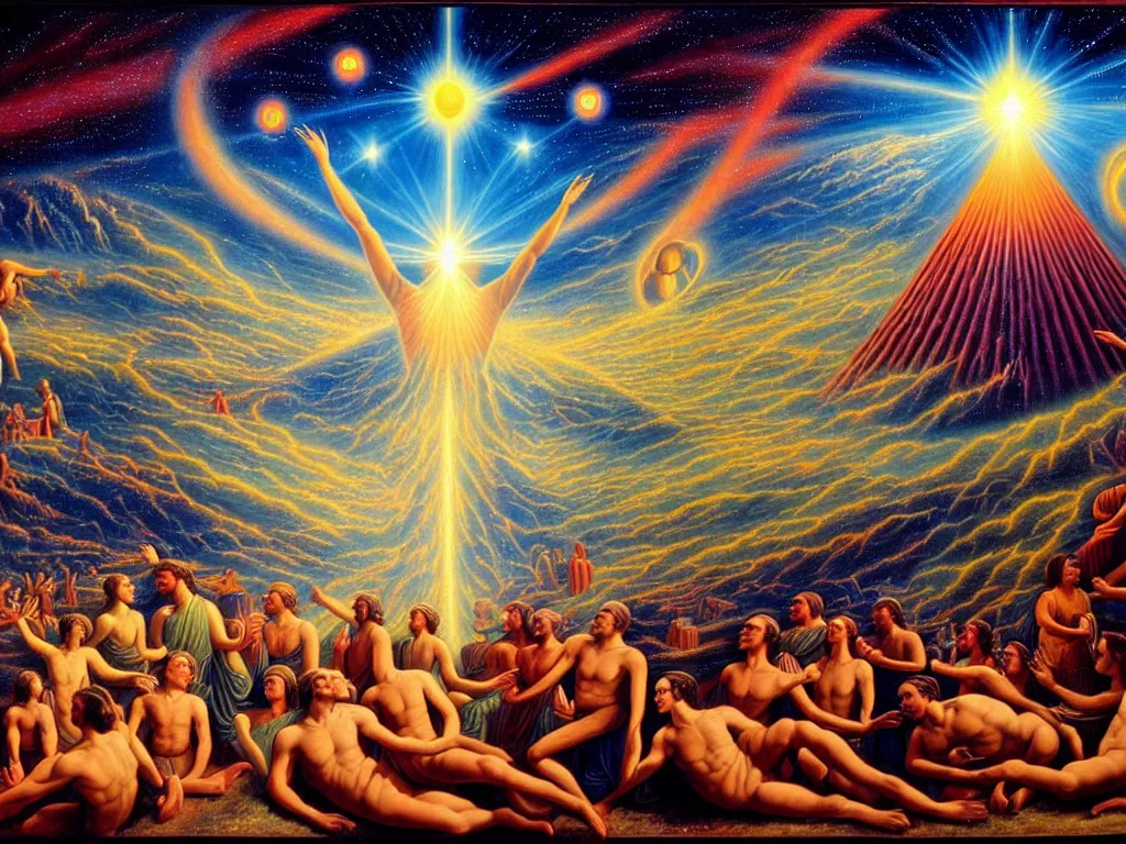 Image similar to a beautiful scenery of humanity evolving into god like beings, spiritual science, divinity, utopian, by david a. hardy, wpa, public works mural, socialist