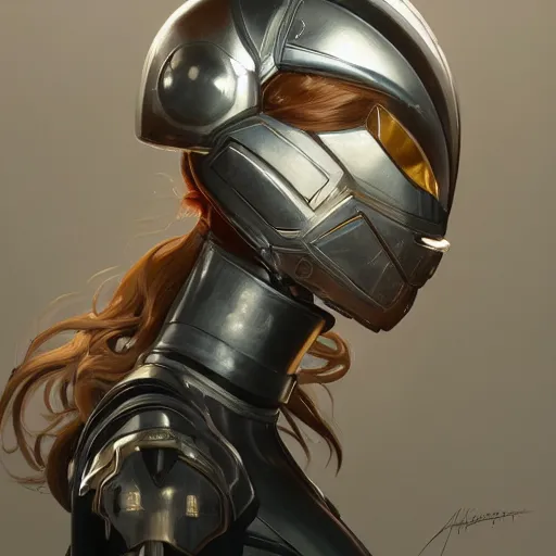 Image similar to portrait painting of russian gorgeous woman in mecha black helmet, by artgerm and greg rutkowski and alphonse mucha, ultra realistic, concept art, intricate details, highly detailed, photorealistic, octane render, 8 k, unreal engine