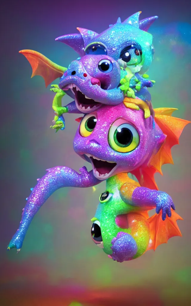 Image similar to a cute baby dragon, big eyes, pixar animation style, soft fur, by jeff koons, by lisa frank, octane render, by takashi murakami, toy, glitter, sparkly, colorful, spectral color, 5 d, ultra - hd, happy, good, mini, volumetric lighting