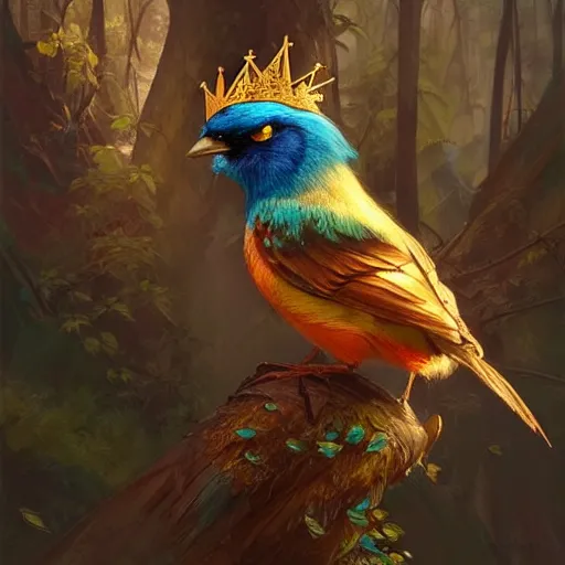 Prompt: colorful bird golden eyebrows, golden crown, dark, rusty, fantasy forest, highly detailed, realistic, artstation, concept art, smooth, sharp focus, illustration, art by artgerm and greg rutkowski and alphonse mucha