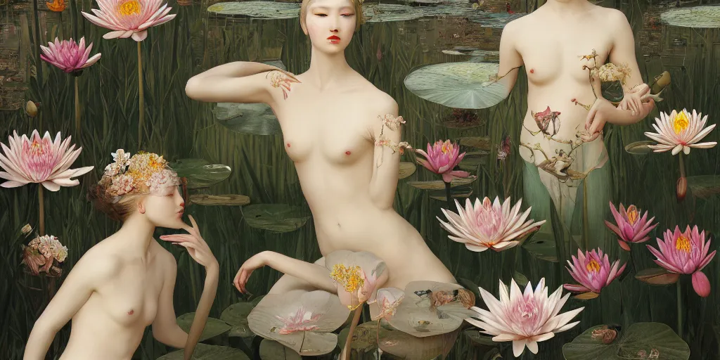 Image similar to breathtaking detailed concept art painting art deco pattern of blonde faces goddesses amalmation water lily flowers with anxious piercing eyes and blend of flowers and birds, by hsiao - ron cheng and john james audubon, bizarre compositions, exquisite detail, extremely moody lighting, 8 k