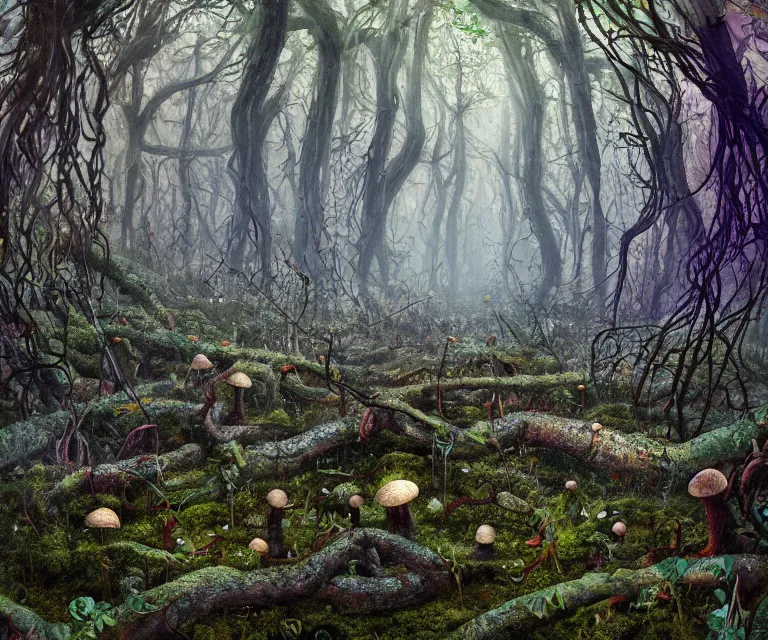 Image similar to a forest made of mold, mushrooms, moss, and vines in the style of anti - art trending on artstation deviantart pinterest detailed high resolution hd 8 k