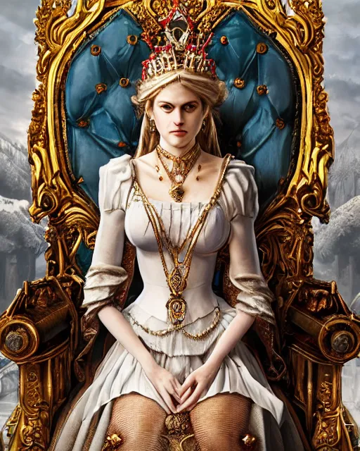 Image similar to character portrait of white queen alexandra daddario with gorgeous detailed eyes sitting on a throne, color page, tankoban, 4 k, tone mapping, doll, akihiko yoshida, james jean andrei riabovitchev marc simonetti, yoshitaka amano, willowy frame