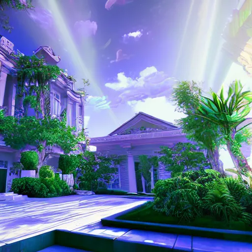 Prompt: vaporwave mansion, liminal space, high detail, rendered in unreal engine, 3d render, god rays, volumetric lighting, large windows