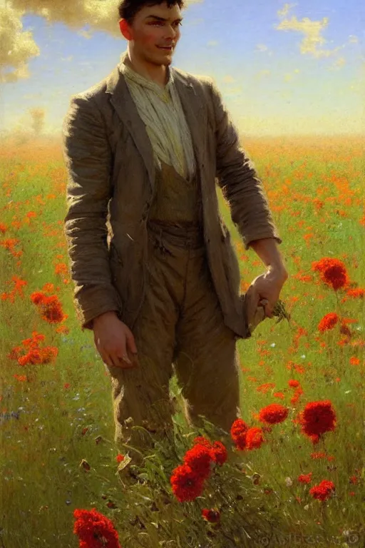 Prompt: attractive man in flower field, painting by gaston bussiere, craig mullins, j. c. leyendecker, ghibli style