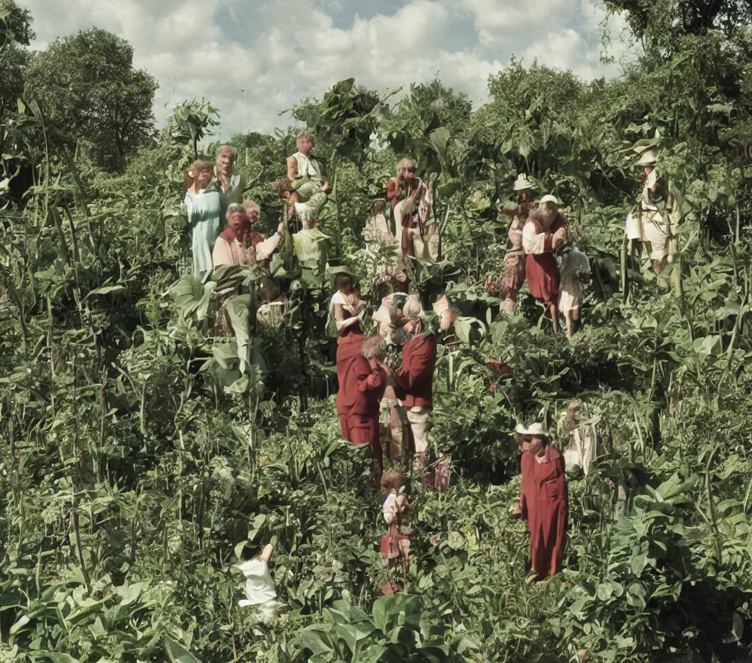 Image similar to a 3 5 mm photography, kodachrome of grandparents with strange creatures and alien plants inspired by bosch but in the real life, photos taken by martin parr