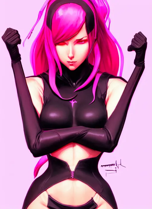 Image similar to lilith, wide angle view, neon pink and black color scheme, highly detailed, artgerm, cushart krenz, king of fighters style, trending on artstation, soft light, sharp edges, illustration, character design, concept art