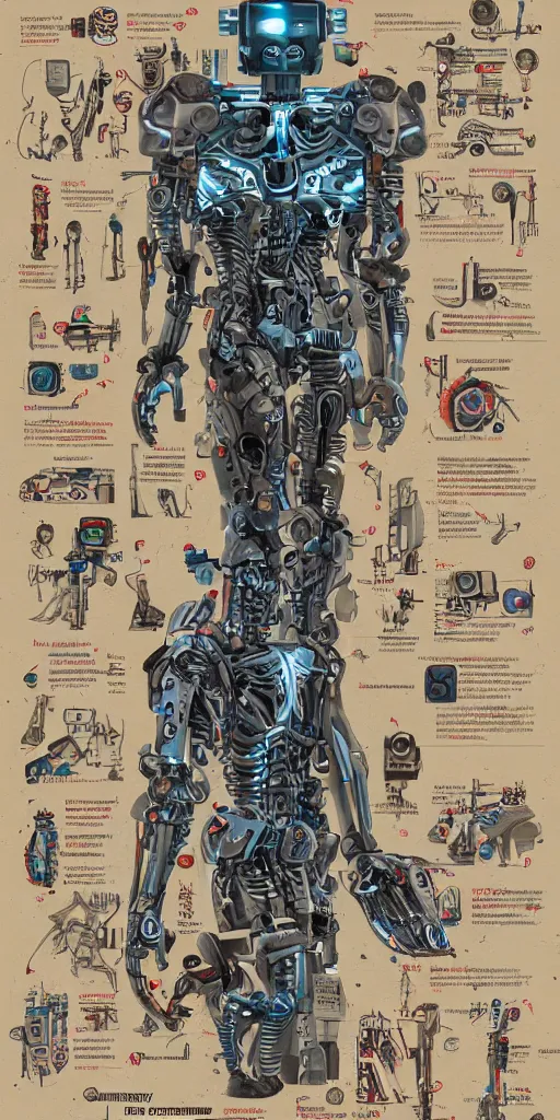 Image similar to anatomy of the terminator, robot, cyborg, t100, diagrams, mystical, intricate ornamental tower floral flourishes, technology meets fantasy, map, infographic, concept art, art station, style of wes anderson