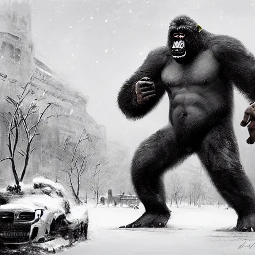 Prompt: angry and aggressive king kong in winter moscow, digital painting, very detailed, art by jakub rozalski and artgerm