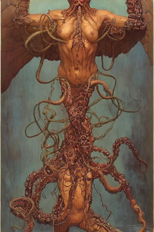 Image similar to full length portrait of poison angel octopoid brute, painted by lawrence alma tadema, zdzislaw beksinski, norman rockwell, jack kirby, tom lovell, alex malveda, greg staples, hand of fear, bbc, tv