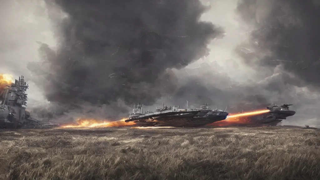 Image similar to an immense steampunk aircraft carrier crashed and burning in a field, thick black smoke billowing, turbulent storm clouds, dystopian, sharp focus, octane render, imax