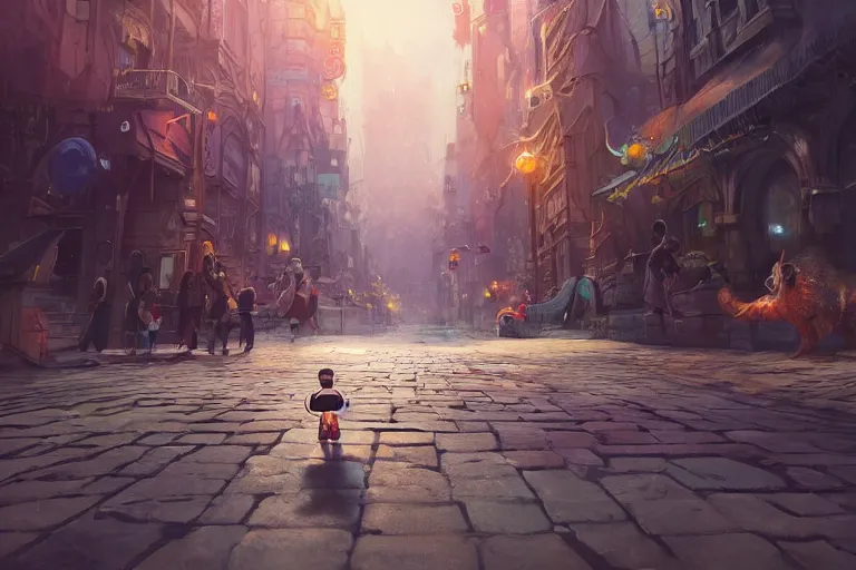 Image similar to a beautiful illustration of cute little creature lost in the big city, fantasy, epic lighting, cinematic composition, hyper realistic, 8 k resolution, unreal engine 5, artstation