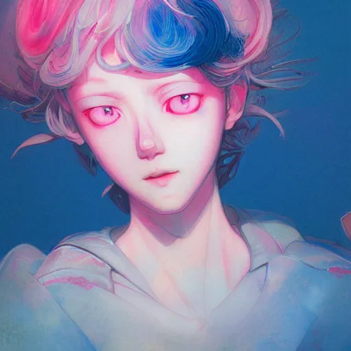 Image similar to prompt : pink and blue portrait soft light painted by james jean and katsuhiro otomo and erik jones, inspired by evangeleon anime, smooth face feature, intricate oil painting, high detail illustration, sharp high detail, manga and anime 1 9 9 0