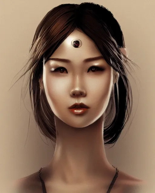 Prompt: the face of an oriental woman left face is a mechanical structure the eyes glow, artstation