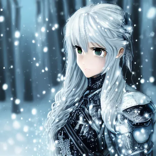 Prompt: portrait focus of knight beautiful 3 d anime girl!! silver frozen ice armor wearing!! dark forest background snowing, bokeh, inspired by masami kurum