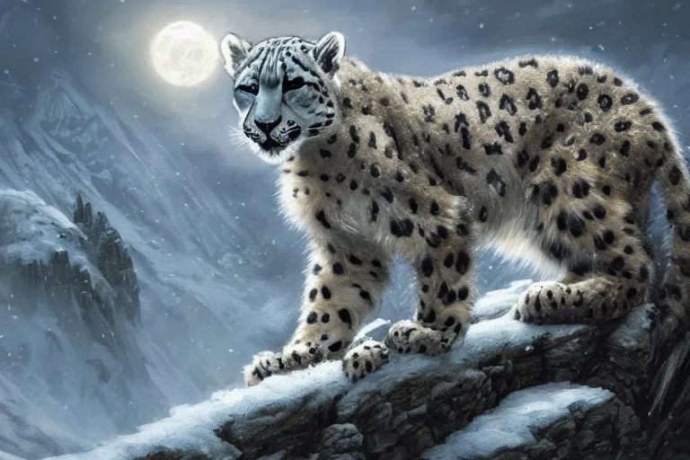 Prompt: Snow leopard on a beautiful fantasy landscape, mountainside, winter, moonlit, HD, illustration, epic, D&D, fantasy, intricate, elegant, highly detailed, digital painting, artstation, concept art, smooth, sharp focus, illustration, wallpaper, art by artgerm and greg rutkowski and alphonse mucha and jin xiaodi