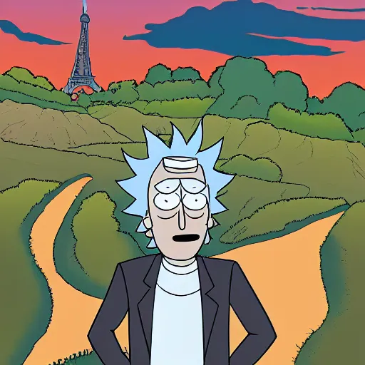 Prompt: portrait of rick sanchez, rick and morty, standing in a field. france, dordogne, hills, ultra high detail, 8 k