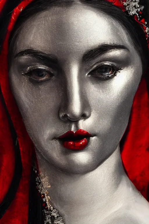 Prompt: hyperrealism close - up mythological portrait of a medieval woman's face merged with black paint in style of classicism, wearing silver silk robe, red palette