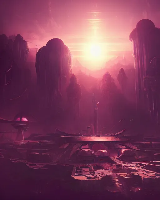 Prompt: beautiful landscape, nier automata, protoss temple!!!, machine planet, pink sun, advanced technology, cinematic lighting, highly detailed, masterpiece, art by bastien grivet and darwin cellis and jan urschel