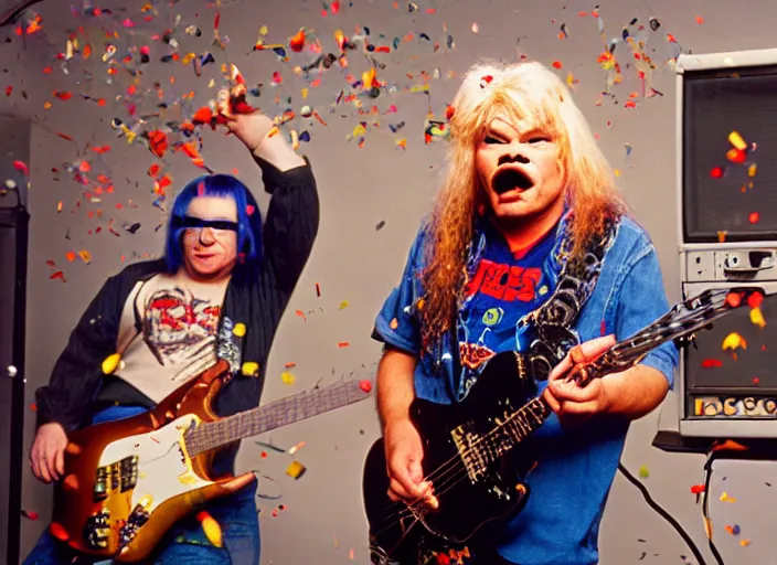 Image similar to a scene from waynes world 2, rip taylor is throwing confetti, vhs distortion, cathode ray tube distortion, folk horror, hauntology, 8 k, 8 5 mm f 1. 8, studio lighting, rim light, right side key light