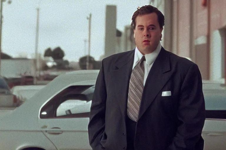 Prompt: cinematic still of portly clean-shaven white man wearing suit and necktie and short curly blond hair as car salesman in 1994 film, XF IQ4, f/1.4, ISO 200, 1/160s, 8K, RAW, dramatic lighting, symmetrical balance, in-frame