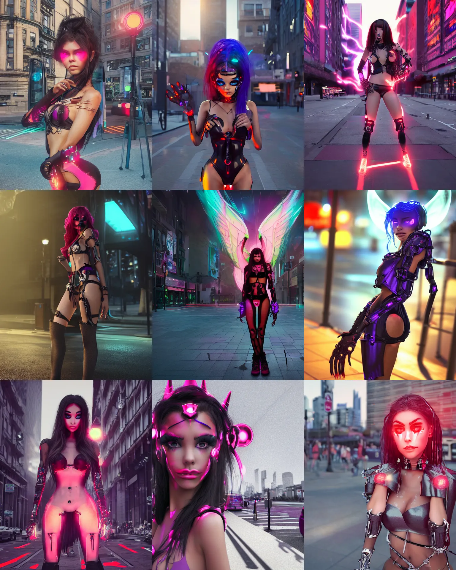Prompt: young woman madison beer as an edc rave devil girl cyborg waiting at a bus stop in downtown london, octane render, anime, trending on artstation, unreal engine, volumetric lighting, concept art, sci - fi, photoreal, sweating, pouty face, looking at camera, symmetrical, pixar, cgsociety,