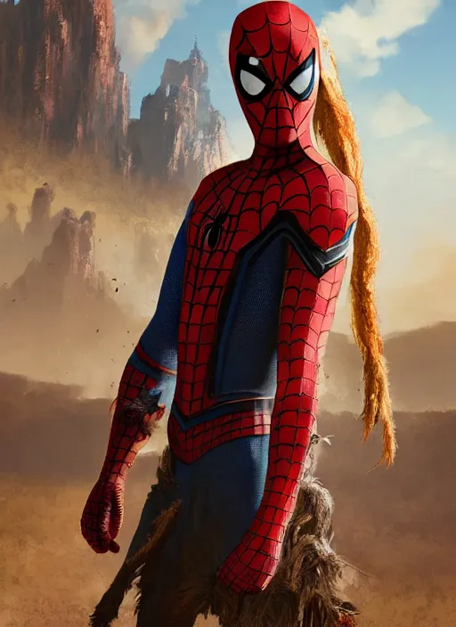 Image similar to Aloy, SPIDERMAN standing confidently, desert in the background, natural lighting, digital painting, concept art, smooth, sharp focus, illustration, single character full body, rule of thirds, from Horizon: Zero Down, by Ruan Jia and Mandy Jurgens and Greg Rutkowski and Artgerm and William-Adolphe Bouguerea