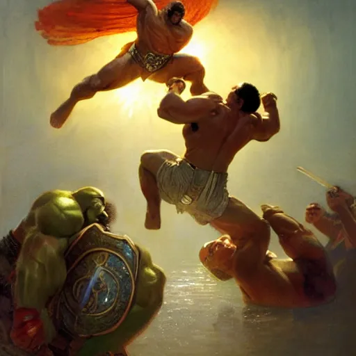 Image similar to the iron sheik breaking hulk hogan's back, radiant light, caustics, heroic, bright iridescent light, by gaston bussiere, bayard wu, greg rutkowski, maxim verehin, epic wrestling combat, legendary