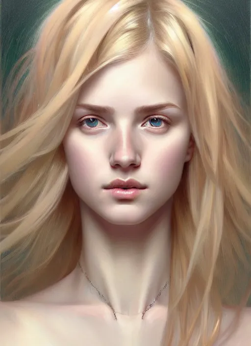 Image similar to beautiful symmetrical face, portrait of young woman blessed with ever - increasing physical and mental perfection, realism, blonde hair, perfect face!! intricate, elegant, highly detailed, vision of holy perfection!! digital painting, artstation, concept art, smooth, sharp focus, illustration, humanity, art by artgerm and greg rutkowski and alphonse mucha