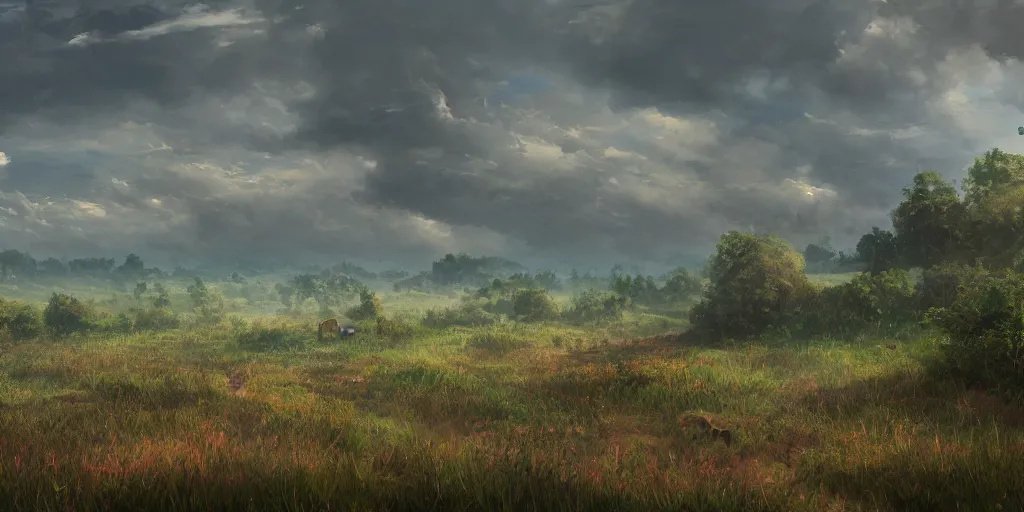 Prompt: utopian scenes, there are thick clouds, breath of the wilderness, broad, pleasant to feel the prairie, highly detailed, volumetric lighting, studio quality, artstation, by kyoto animation