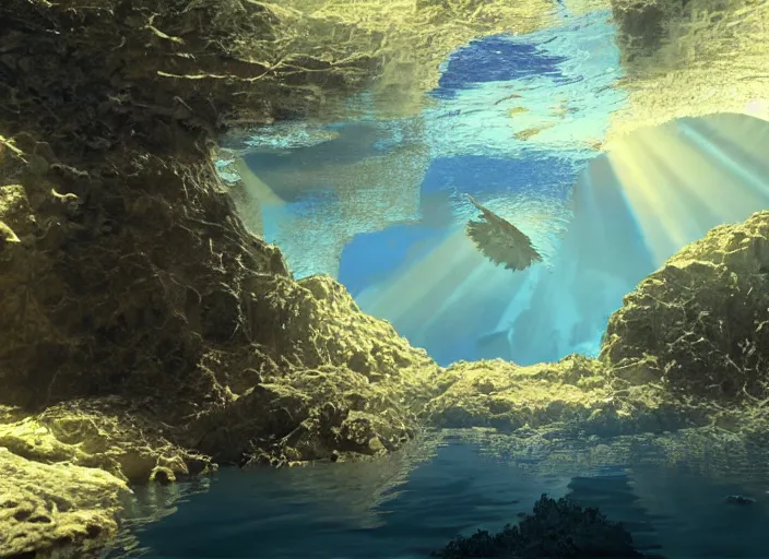 Image similar to an underwater landscape painted by, mc escher, gordon onslow ford, georgia o'keeffe and ippolito caffi, cinematic light, god rays, unreal engine, zbrush central,