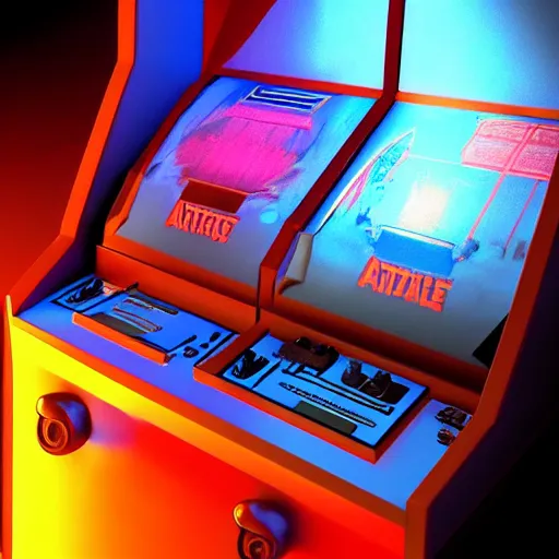 Image similar to 1990s arcade machine, octane render, unreal engine, digital art, Artstation, Trending on Artstation, Artstation HQ, Artstation HD, cgsociety, Pinterest, 8k , close up to the screen, wide angle, godrays, volumetric, reflections, cinematic, epic, creative, coherent, 3D Render,