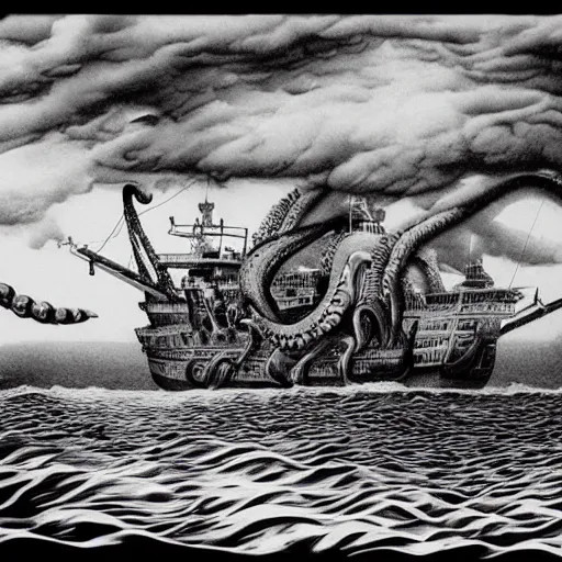 Image similar to 🤷🏽‍♂️ 🐙 a highly detailed hyperrealistic scene of a ship being attacked by giant squid tentacles, ultra realistic, jellyfish, squid attack, dark, voluminous clouds, thunder, stormy seas, pirate ship, dark, high contrast, yoji shinkawa, scary, m.c. Escher, highly detailed, brutal, beautiful, octopus arms attacking the ship from the storm, illusion, artgerm