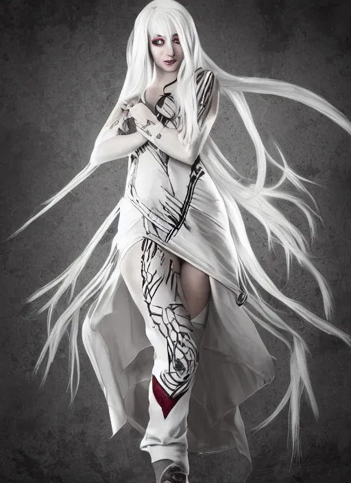 Image similar to An epic fantasy comic book style full body painting of a pale girl with long straight white hair, she is wearing a dress with a chess pattern, Unreal 5, DAZ, hyperrealistic, octane render, cosplay, RPG portrait, dynamic lighting