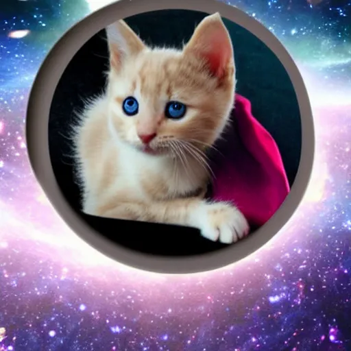 Prompt: a kitten with a cape floating through galaxies of space on a recliner chair