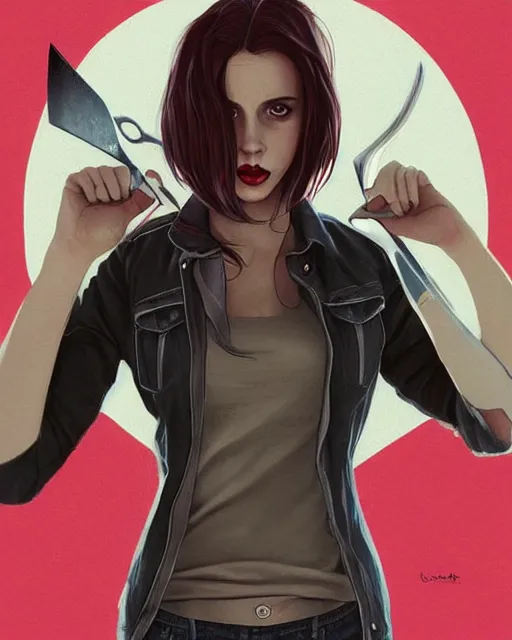 Image similar to loish, artgerm, Joshua Middleton art, Rafeal Albuquerque, pretty Alison Brie serial killer holding bloody knife in right hand realistic hand, blood on clothes and face, sarcastic smile, symmetrical eyes, symmetrical face, jean jacket, jeans, short blonde hair, middle shot, night time, deep blacks