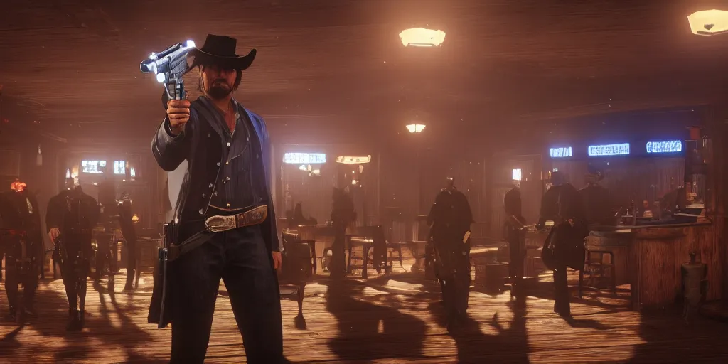 Prompt: a futuristic cowboy holding a glowing revolver to his enemies in a wild western bar, red dead redemption 2, trending on artstation, digital art, award winning, cinematic lightning, ray tracing, 8k, Highly Detailed