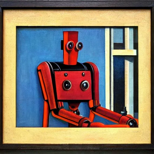 Prompt: brutalist robot with kind eyes portrait, lowbrow, pj crook, grant wood, edward hopper, oil on canvas