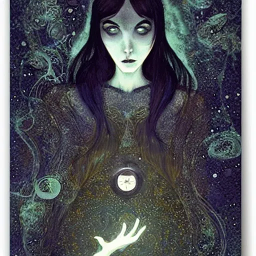 Image similar to A experimental art. A rip in spacetime. Did this device in his hand open a portal to another dimension or reality?! dark black by Anna Dittmann, by Edmund Dulac haunting